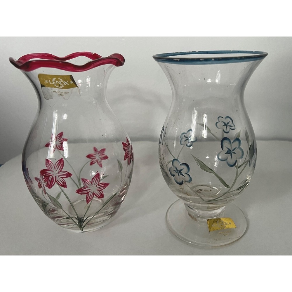 Set Of 2 Lenox Etched Crystal Vases W/ Hand Painted Flowers & Leaves Red Blue